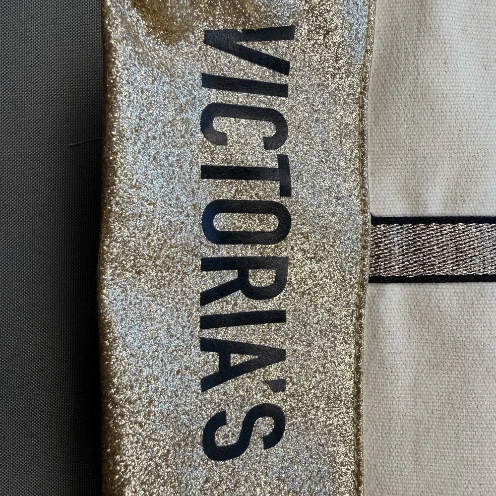 Victoria's Secret Canvas GOLD GLITTER‎ Tote Bag Zip Closure EUC